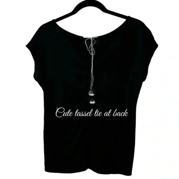 Ann Taylor LOFT Black Tassel Tie Back Short Sleeve Top Knit Blouse Women’s Small - Picture 6 of 9